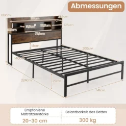 140 x 200 cm Bettgestell mit LED-Beleuchtung & Ladestation Doppelbett Plattformbett Bettrahmen