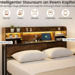 140 x 200 cm Bettgestell mit LED-Beleuchtung & Ladestation Doppelbett Plattformbett Bettrahmen