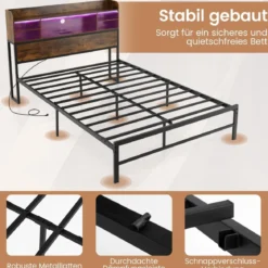140 x 200 cm Bettgestell mit LED-Beleuchtung & Ladestation Doppelbett Plattformbett Bettrahmen