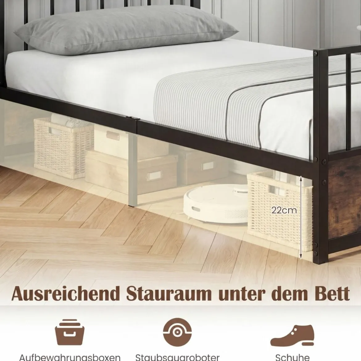 90 x 200 cm Bettgestell mit 2 Schubladen & Kopfteil & Fußteil Einzelbett mit Lattenrost Metallbett