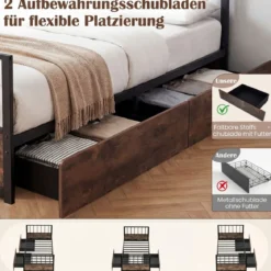 90 x 200 cm Bettgestell mit 2 Schubladen & Kopfteil & Fußteil Einzelbett mit Lattenrost Metallbett