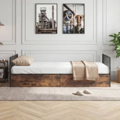 90 x 200 cm Bettgestell mit 2 Schubladen & Kopfteil & Fußteil Einzelbett mit Lattenrost Metallbett