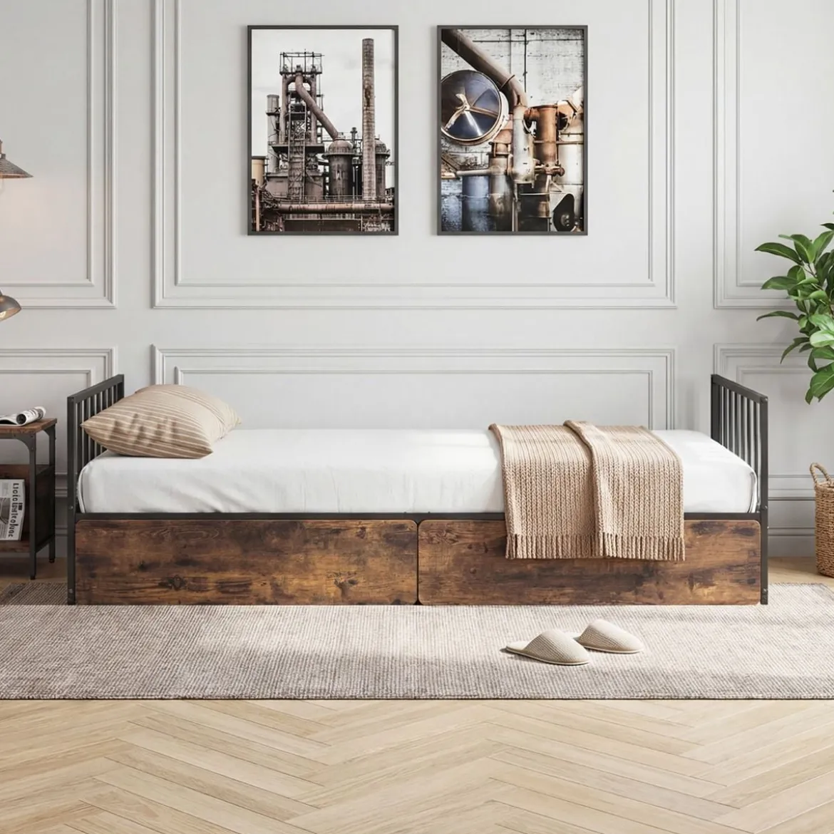 90 x 200 cm Bettgestell mit 2 Schubladen & Kopfteil & Fußteil Einzelbett mit Lattenrost Metallbett