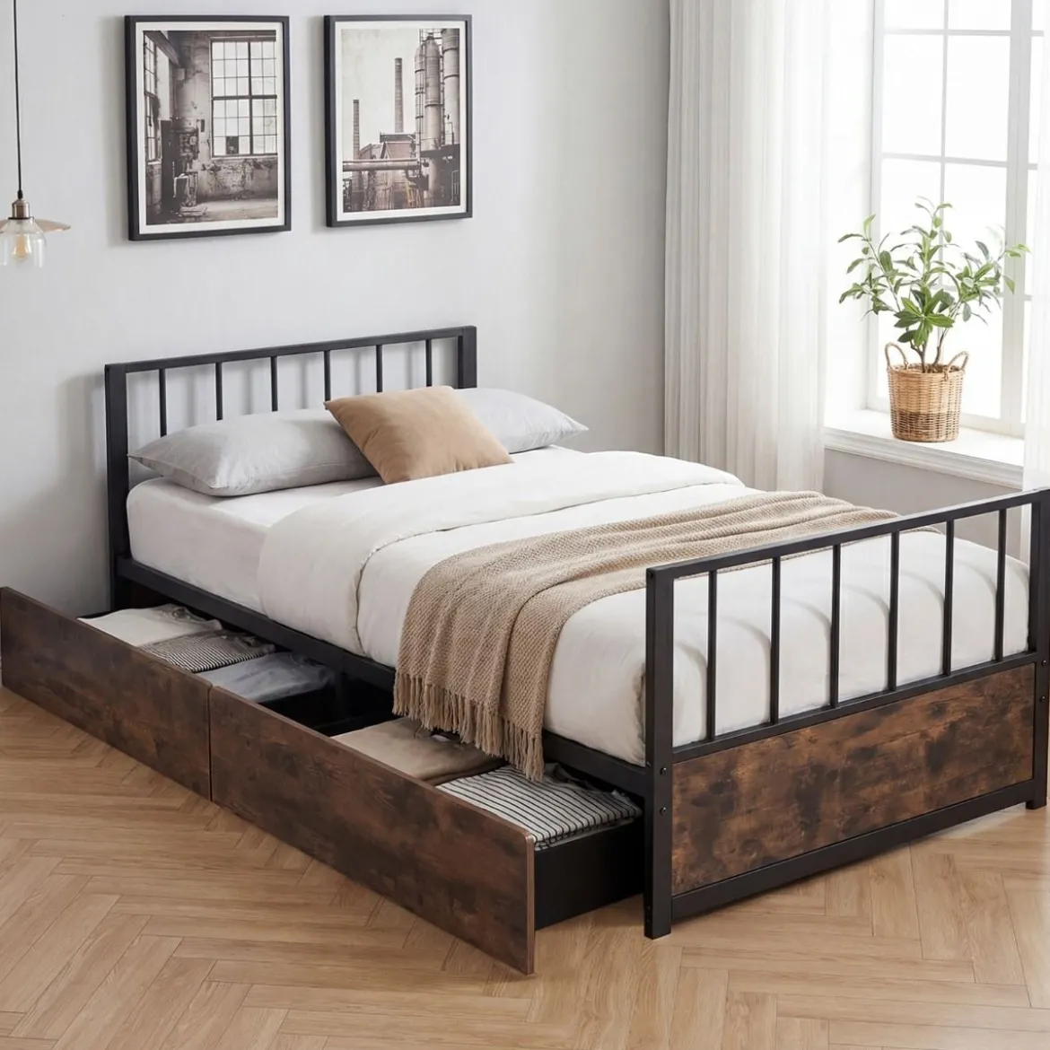90 x 200 cm Bettgestell mit 2 Schubladen & Kopfteil & Fußteil Einzelbett mit Lattenrost Metallbett