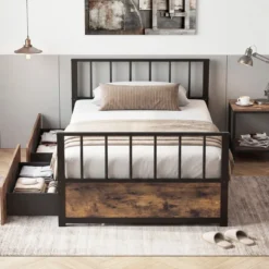 90 x 200 cm Bettgestell mit 2 Schubladen & Kopfteil & Fußteil Einzelbett mit Lattenrost Metallbett