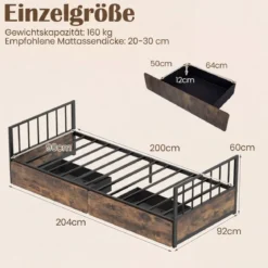 90 x 200 cm Bettgestell mit 2 Schubladen & Kopfteil & Fußteil Einzelbett mit Lattenrost Metallbett