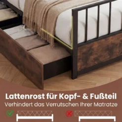 90 x 200 cm Bettgestell mit 2 Schubladen & Kopfteil & Fußteil Einzelbett mit Lattenrost Metallbett