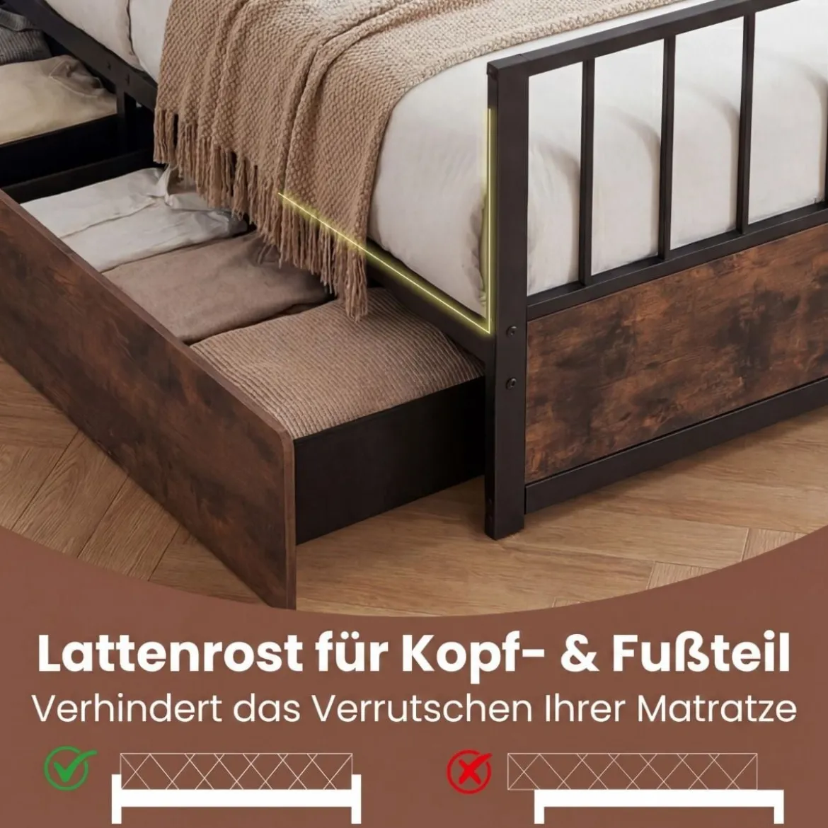 90 x 200 cm Bettgestell mit 2 Schubladen & Kopfteil & Fußteil Einzelbett mit Lattenrost Metallbett