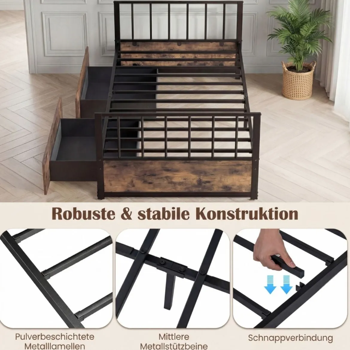 90 x 200 cm Bettgestell mit 2 Schubladen & Kopfteil & Fußteil Einzelbett mit Lattenrost Metallbett