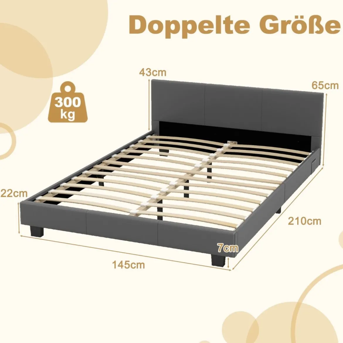 140 x 200 cm Bett mit LED Beleuchtung Polsterbett mit Lattenrost Bettgestell Bettrahmen Grau