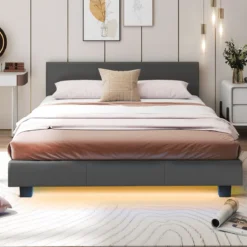 140 x 200 cm Bett mit LED Beleuchtung Polsterbett mit Lattenrost Bettgestell Bettrahmen Grau