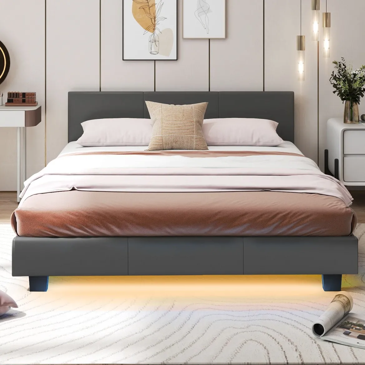 140 x 200 cm Bett mit LED Beleuchtung Polsterbett mit Lattenrost Bettgestell Bettrahmen Grau