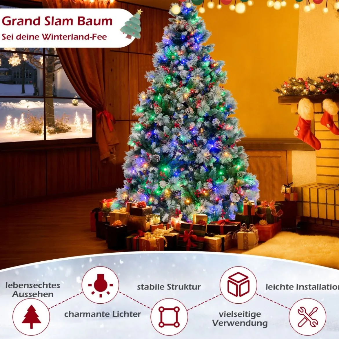 Ø125 x 215 cm Christbaum mit LED-Lichtern Weihnachtsbaum mit Beeren Grün + Weiß