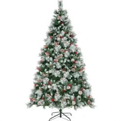 Ø125 x 215 cm Christbaum mit LED-Lichtern Weihnachtsbaum mit Beeren Grün + Weiß