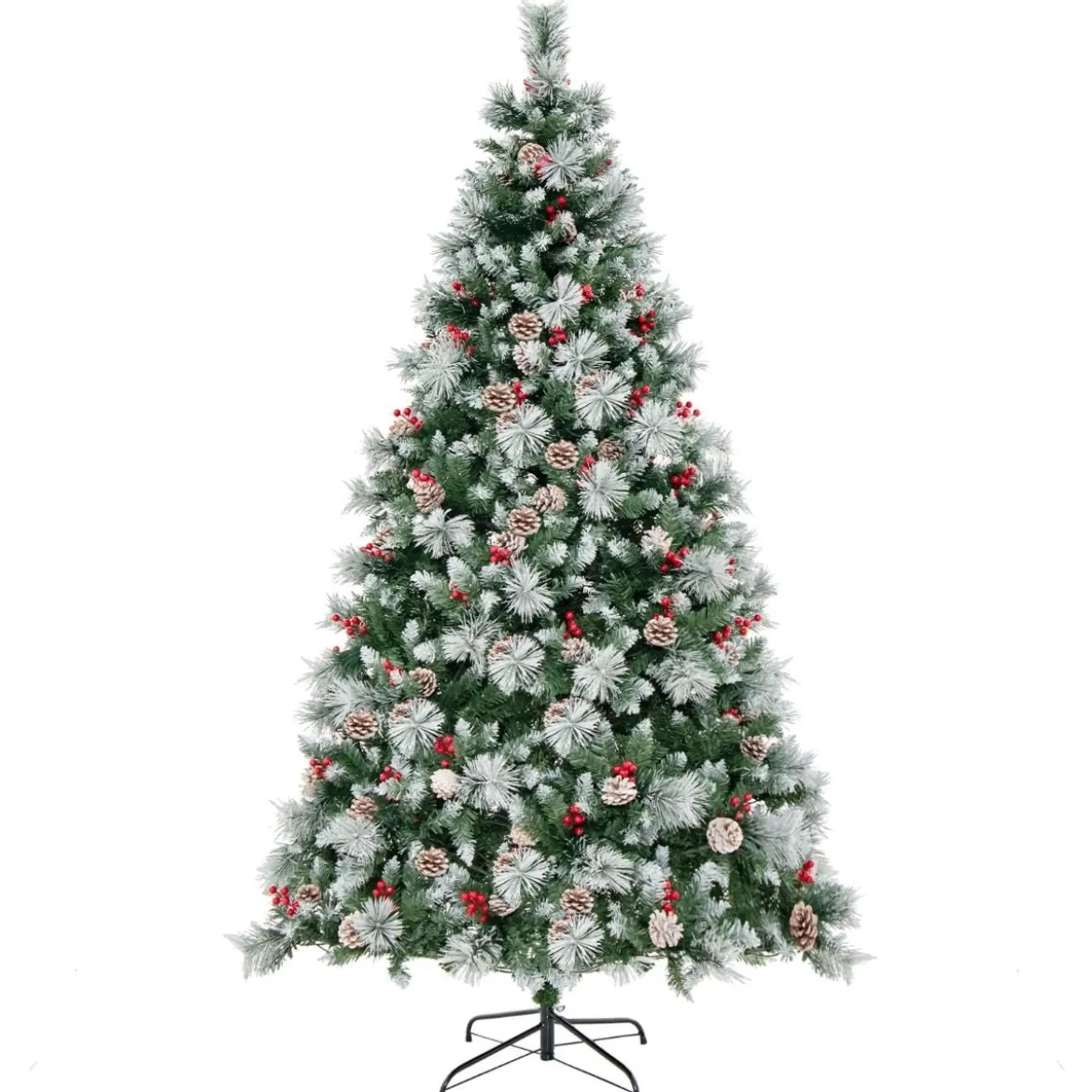 Ø125 x 215 cm Christbaum mit LED-Lichtern Weihnachtsbaum mit Beeren Grün + Weiß