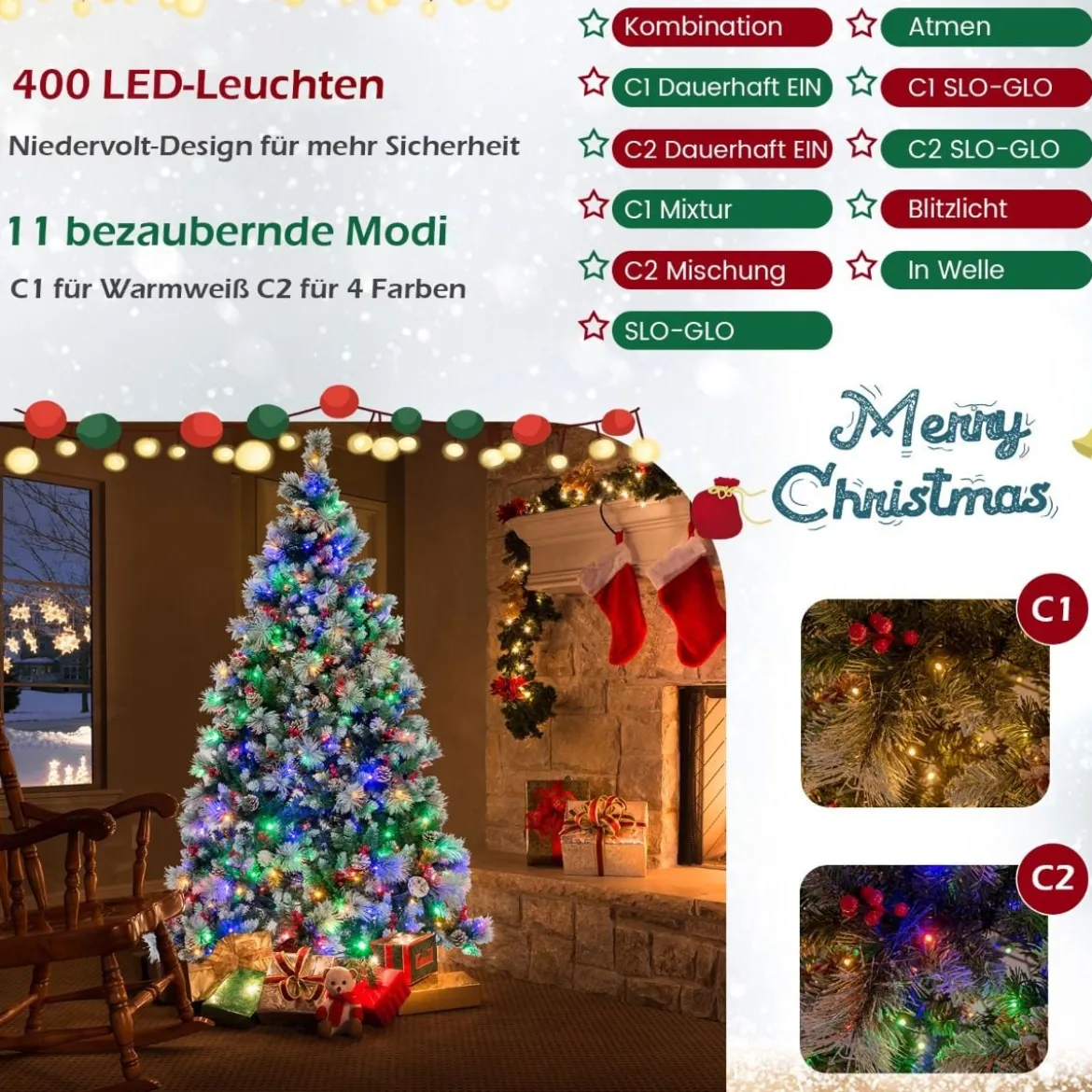 Ø125 x 215 cm Christbaum mit LED-Lichtern Weihnachtsbaum mit Beeren Grün + Weiß