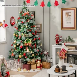 Ø125 x 215 cm Christbaum mit LED-Lichtern Weihnachtsbaum mit Beeren Grün + Weiß