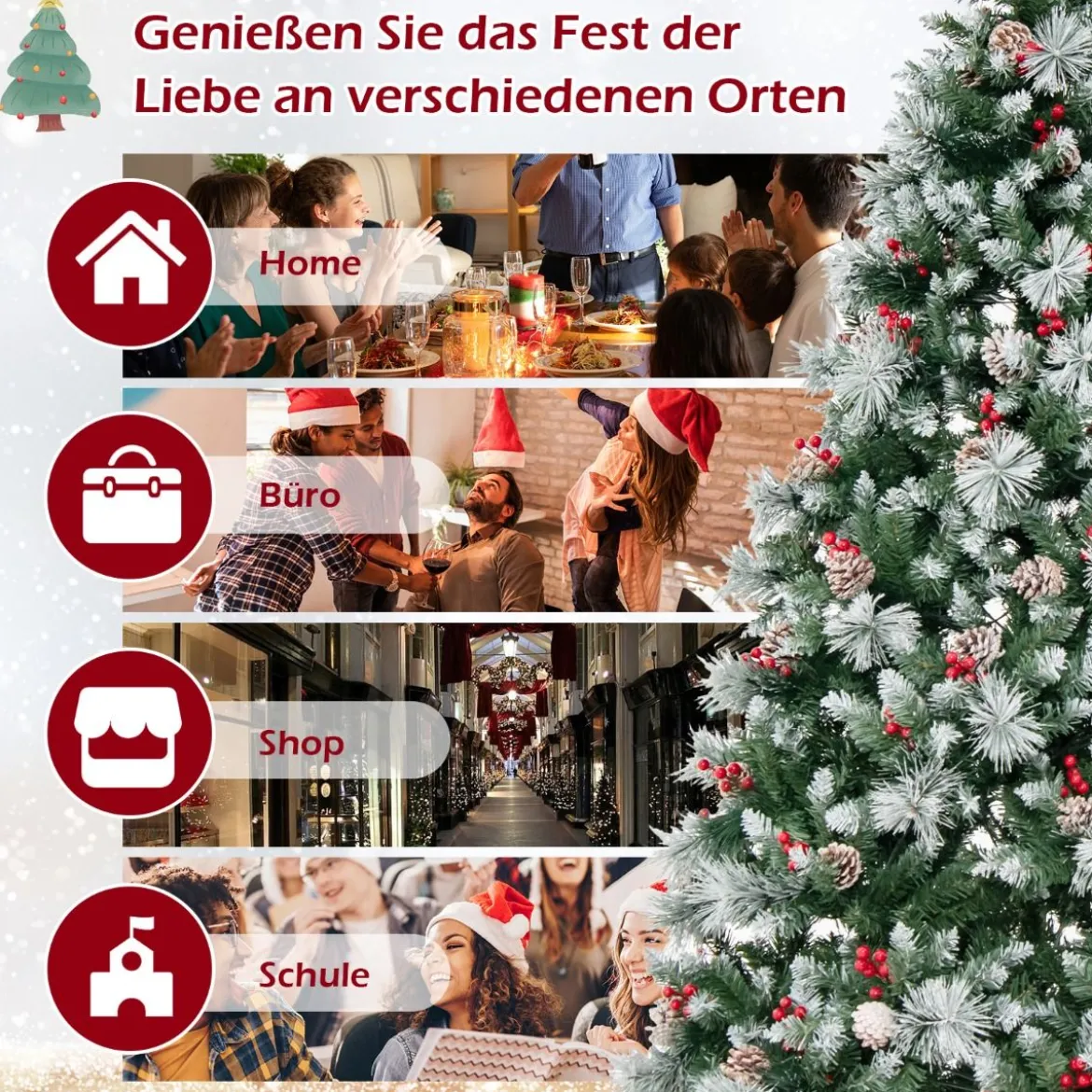 Ø125 x 215 cm Christbaum mit LED-Lichtern Weihnachtsbaum mit Beeren Grün + Weiß