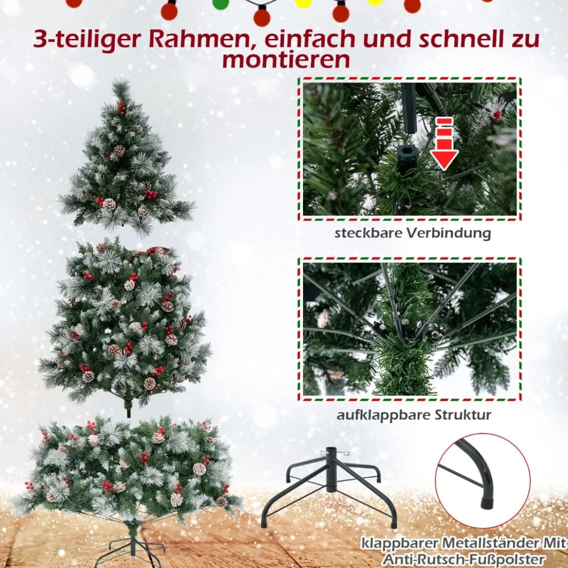 Ø125 x 215 cm Christbaum mit LED-Lichtern Weihnachtsbaum mit Beeren Grün + Weiß