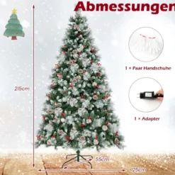 Ø125 x 215 cm Christbaum mit LED-Lichtern Weihnachtsbaum mit Beeren Grün + Weiß