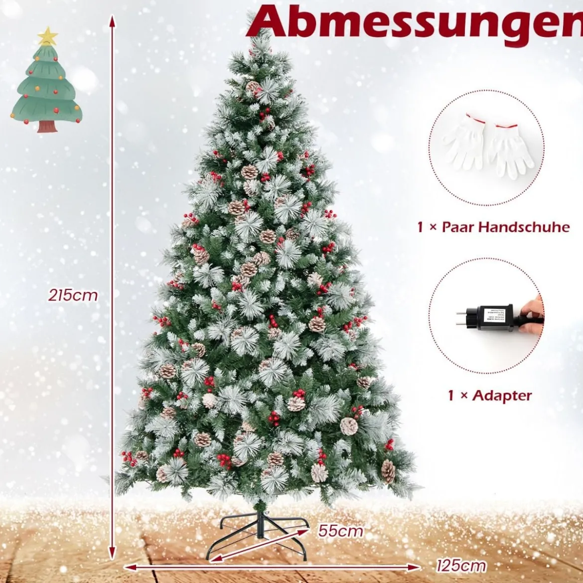 Ø125 x 215 cm Christbaum mit LED-Lichtern Weihnachtsbaum mit Beeren Grün + Weiß
