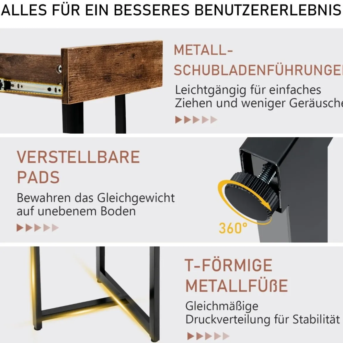 120 x 55 cm Computertisch mit Schublade & Verstellbaren Pads Computertisch Rustikales Braun