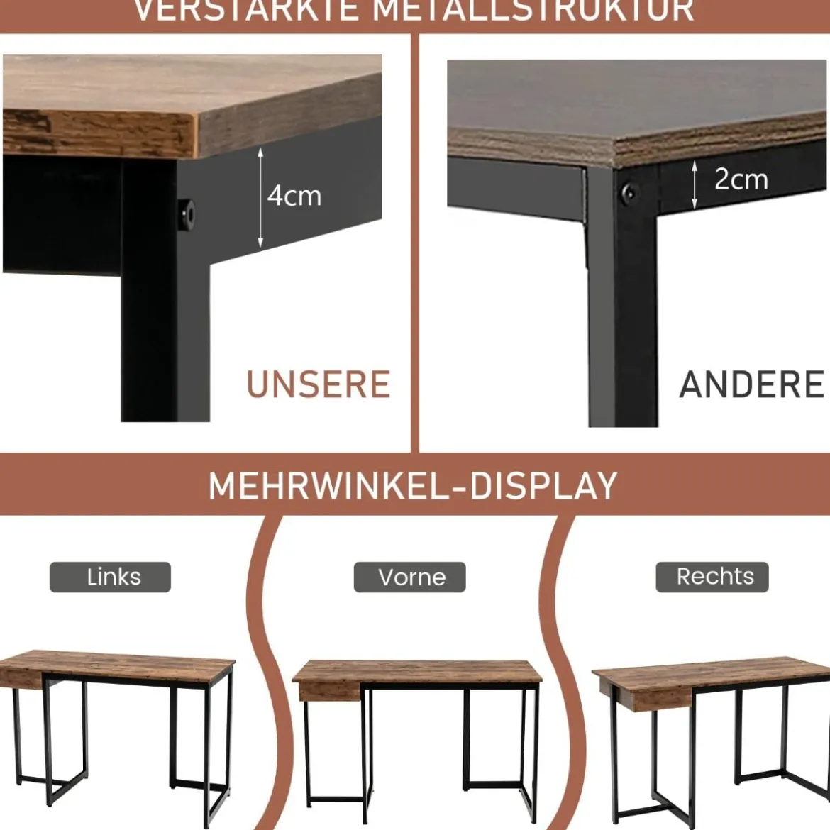 120 x 55 cm Computertisch mit Schublade & Verstellbaren Pads Computertisch Rustikales Braun