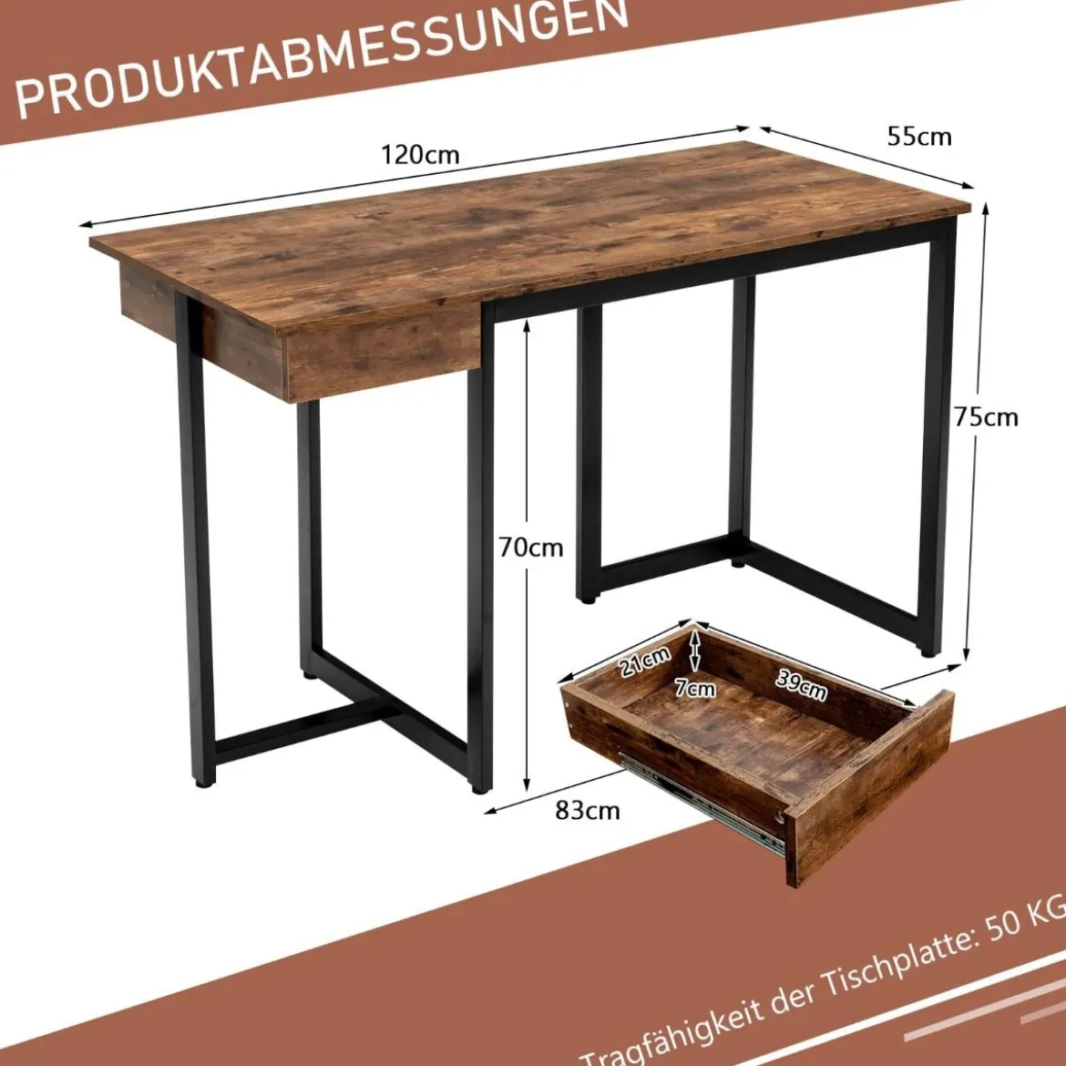 120 x 55 cm Computertisch mit Schublade & Verstellbaren Pads Computertisch Rustikales Braun