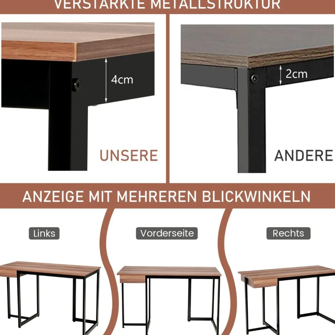 120 x 55 cm Computertisch mit Schublade & Verstellbaren Pads Computertisch Walnuss