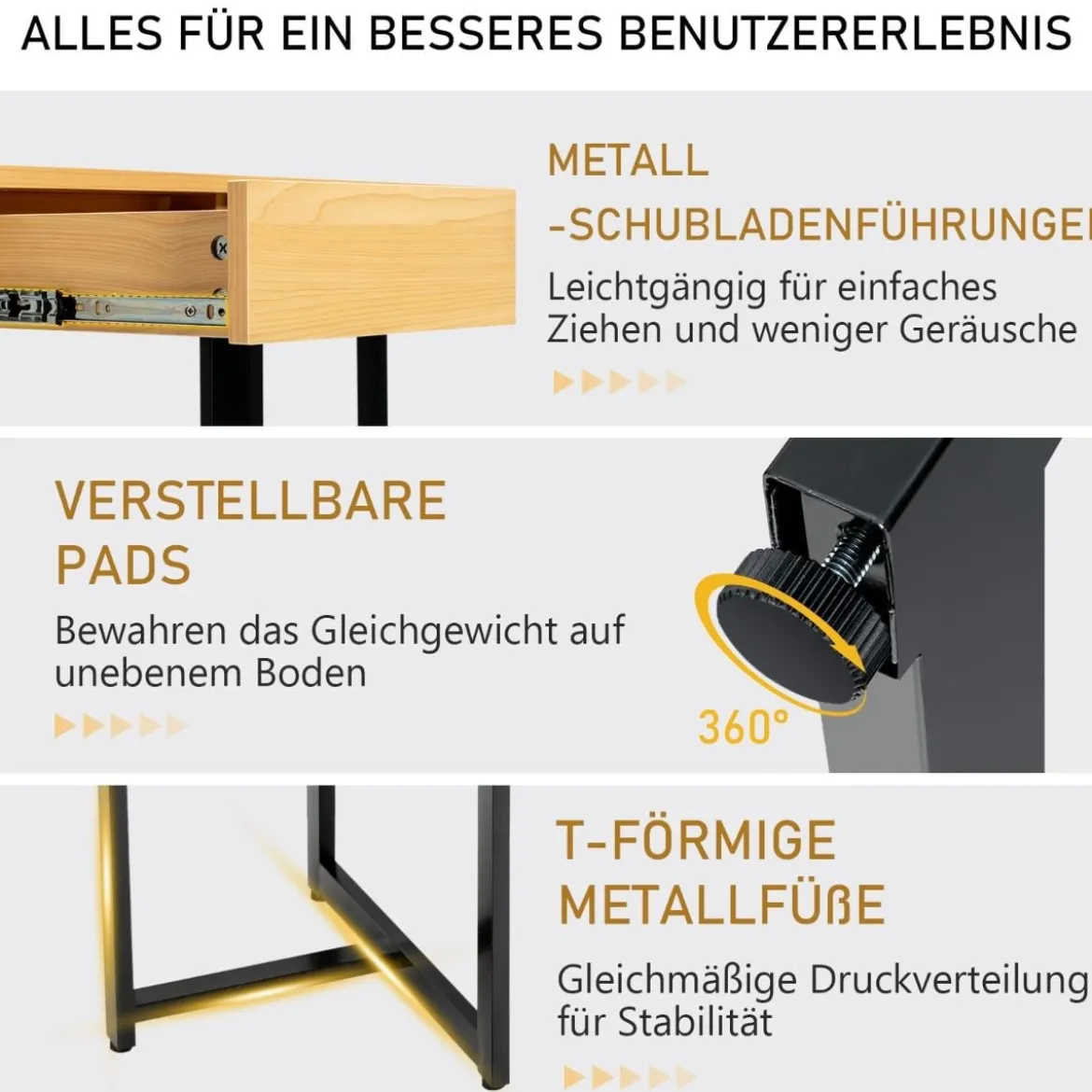120 x 55 cm Computertisch mit Schublade & Verstellbaren Pads Computertisch Natur