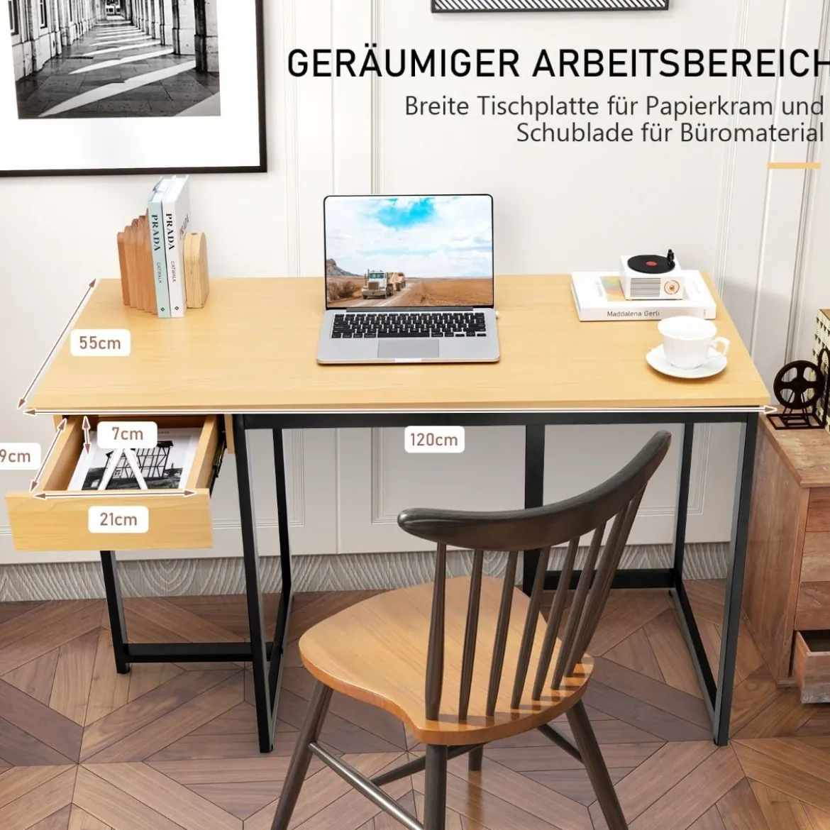 120 x 55 cm Computertisch mit Schublade & Verstellbaren Pads Computertisch Natur