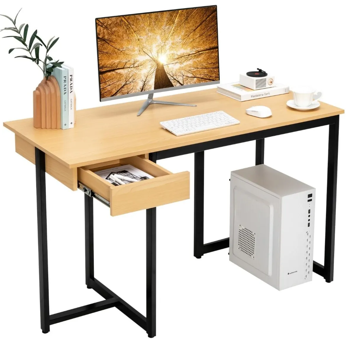120 x 55 cm Computertisch mit Schublade & Verstellbaren Pads Computertisch Natur