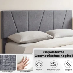 160 x 200 cm Doppelbettgestell mit Höhenverstellbarem Geometrischem Kopfteil Bettrahmen Dunkelgrau