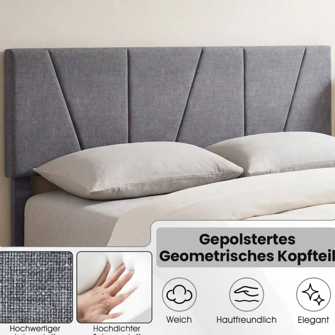 160 x 200 cm Doppelbettgestell mit Höhenverstellbarem Geometrischem Kopfteil Bettrahmen Dunkelgrau