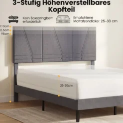 160 x 200 cm Doppelbettgestell mit Höhenverstellbarem Geometrischem Kopfteil Bettrahmen Dunkelgrau