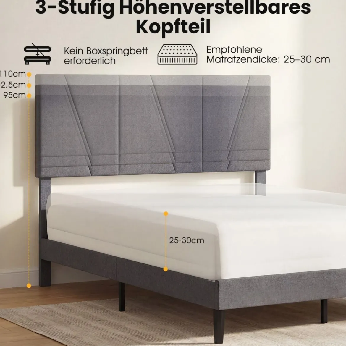 160 x 200 cm Doppelbettgestell mit Höhenverstellbarem Geometrischem Kopfteil Bettrahmen Dunkelgrau