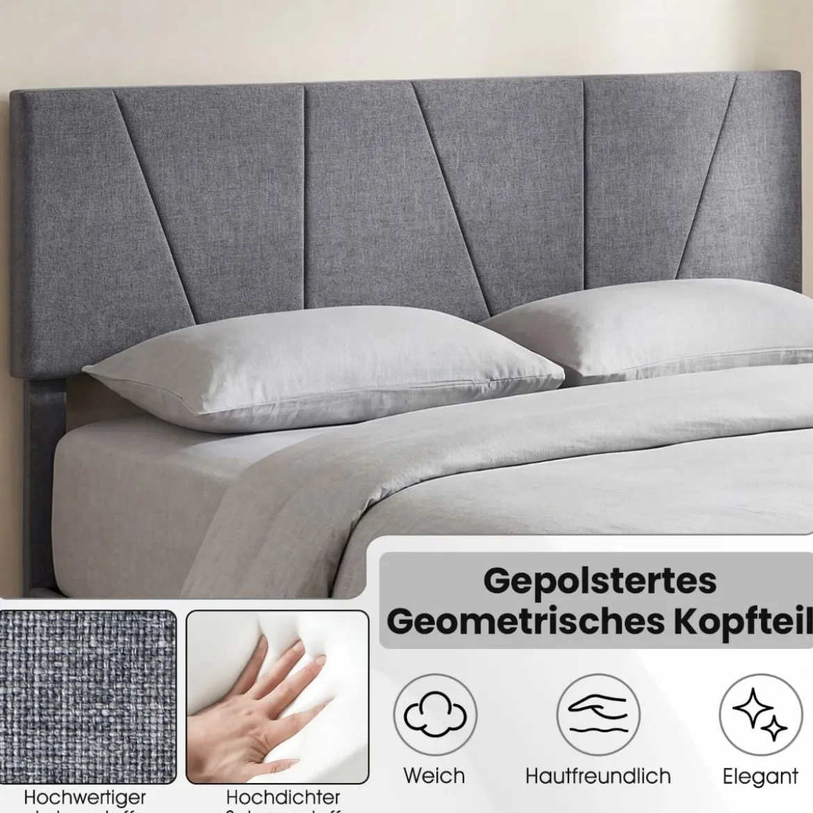 140 x 200 cm Doppelbettgestell mit Höhenverstellbarem Geometrischem Kopfteil Bettrahmen Dunkelgrau