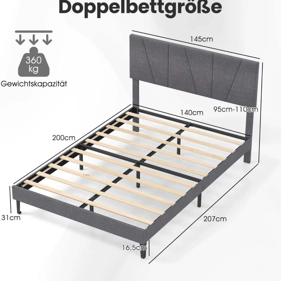 140 x 200 cm Doppelbettgestell mit Höhenverstellbarem Geometrischem Kopfteil Bettrahmen Dunkelgrau