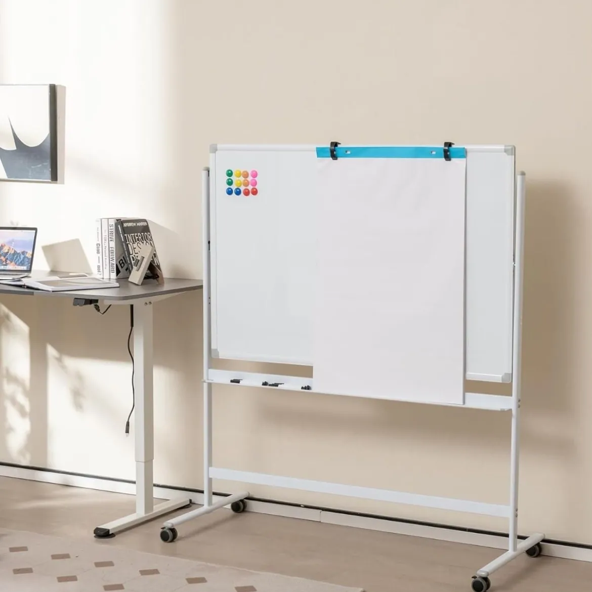 120 x 80 cm Doppelseitiges mobiles Whiteboard Höhenverstellbares Magnetisches Whiteboard Weiß