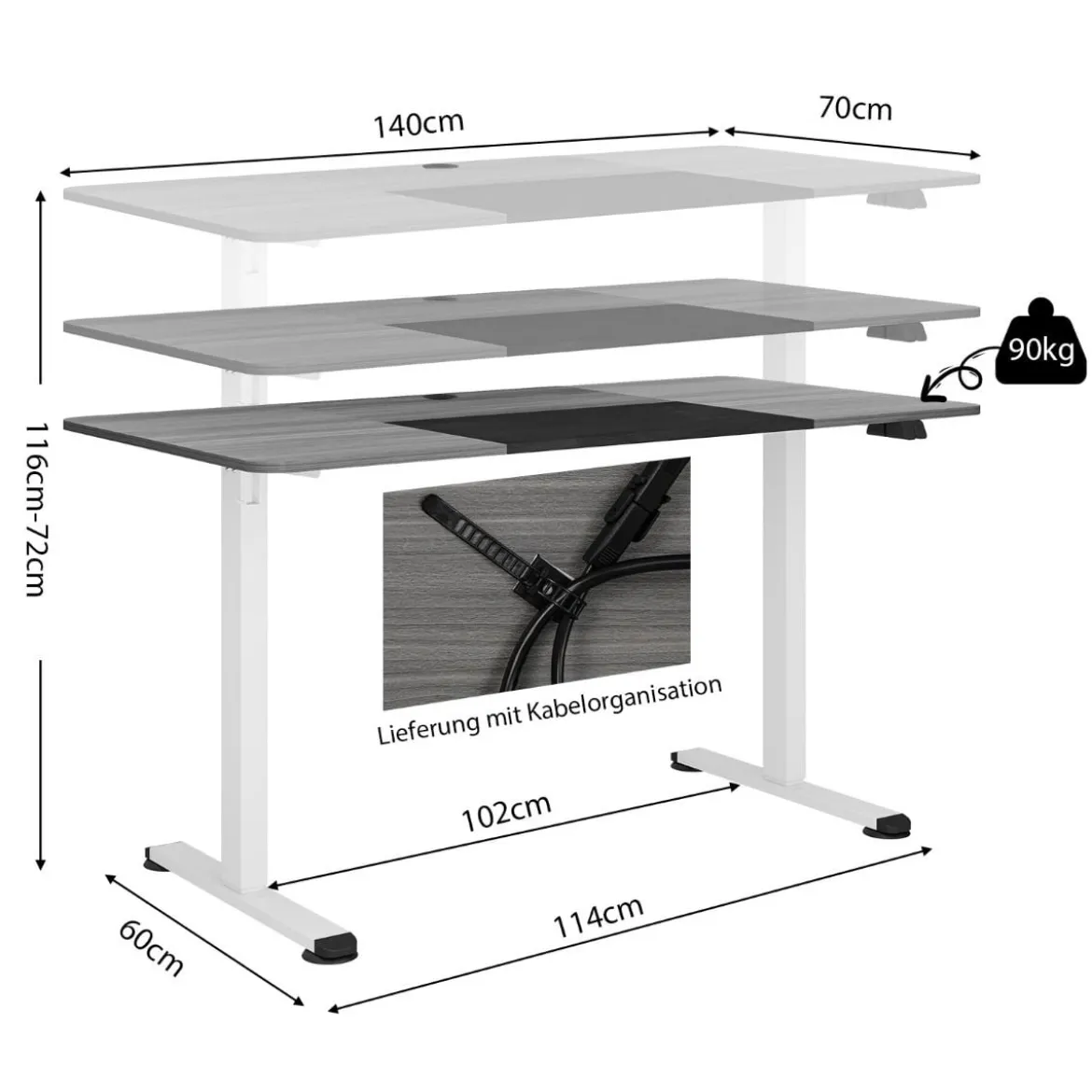 140 x 70 cm Elektrischer Höhenverstellbarer Schreibtisch mit Stopp-Mechanismus & Haken Dunkelgrau