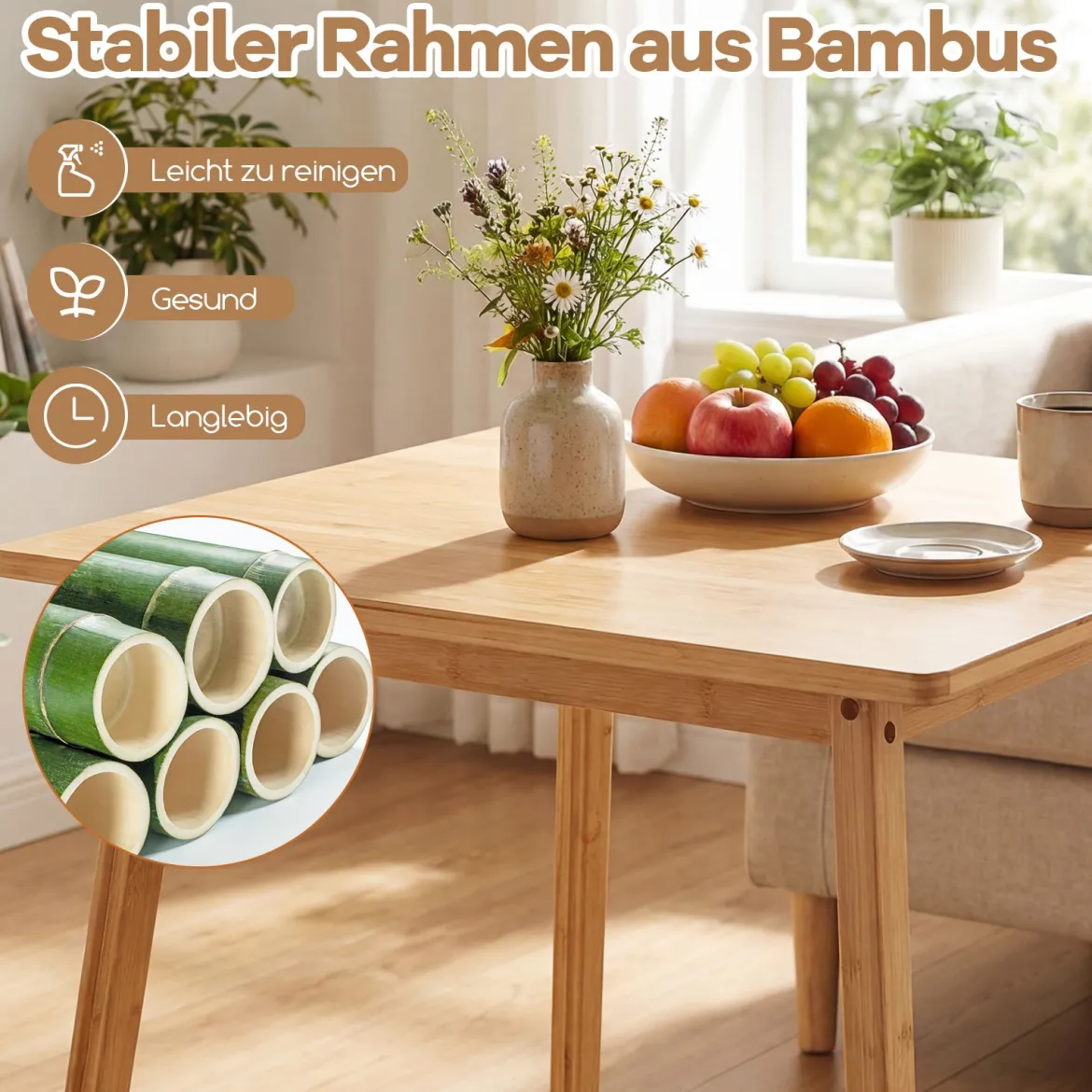 70 x 70 cm Esstisch aus Bambus Quadratischer Holztisch Küchentisch für 2-4 Personen Natur