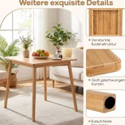 70 x 70 cm Esstisch aus Bambus Quadratischer Holztisch Küchentisch für 2-4 Personen Natur