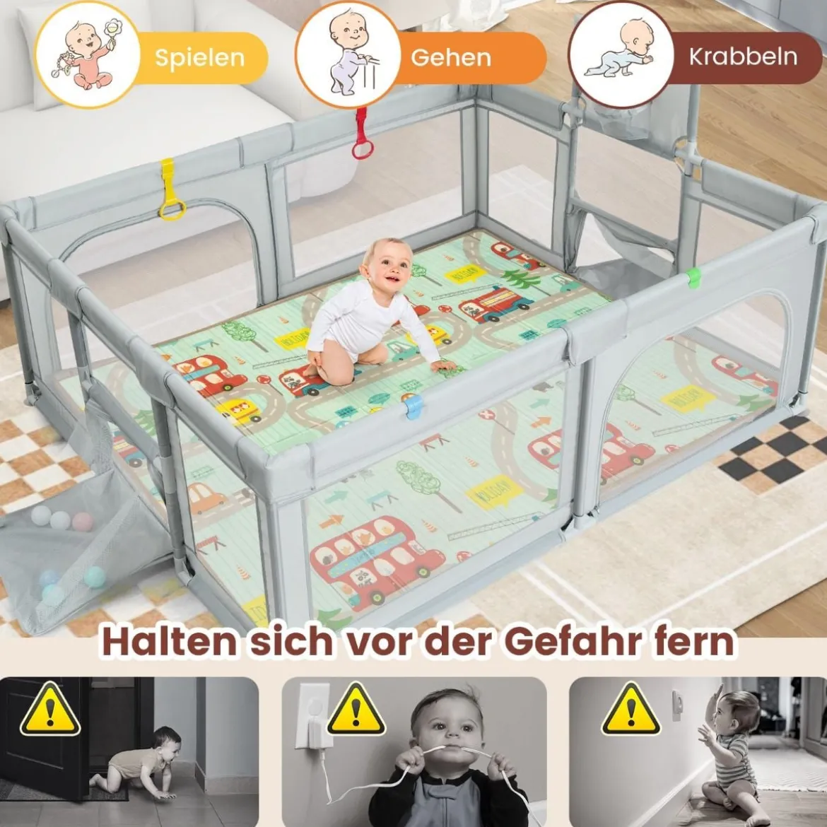188 x 157 cm Faltbarer Baby Laufstall mit Matratze & Basketballkorb & Fußballnetzen & 50 Bällen Grau