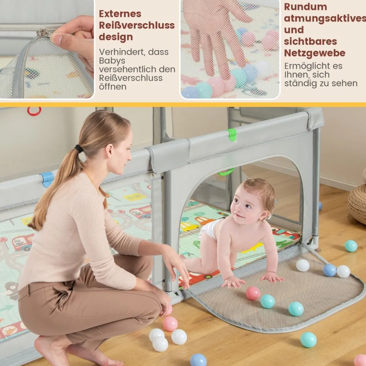 188 x 157 cm Faltbarer Baby Laufstall mit Matratze & Basketballkorb & Fußballnetzen & 50 Bällen Grau