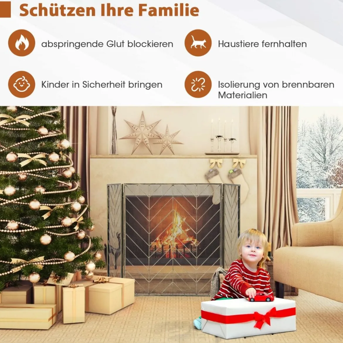 133 x 78 cm Funkenschutzgitter mit Stabilem Metallrahmen 3-teilige Faltbare Kamingitter Bronze