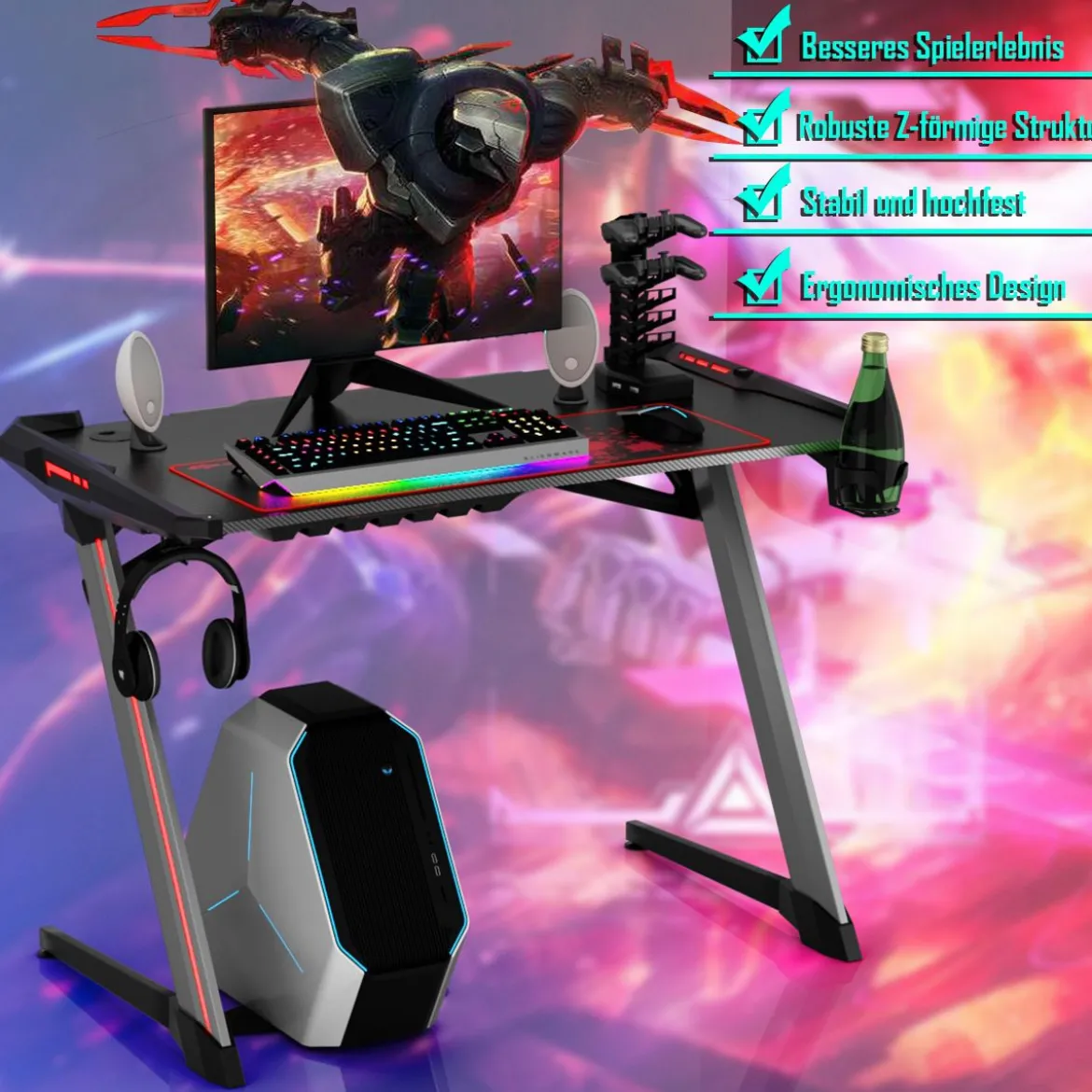 120 x 64 cm Gamingtisch Ergonomischer Computertisch Schreibtisch Racing PC-Tisch mit RGB-Led