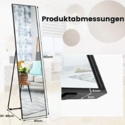 160 x 40 cm Ganzkörperspiegel 2 in 1 Standspiegel & Wandspiegel aus bruchsicherem Glas Schwarz