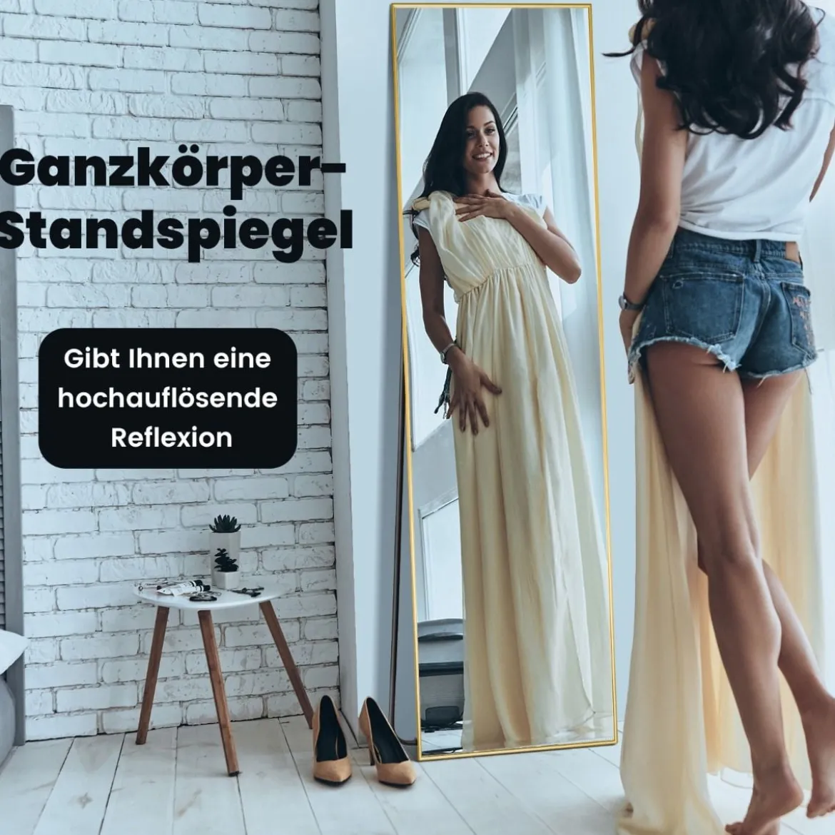 160 x 40 cm Ganzkörperspiegel 2 in 1 Standspiegel & Wandspiegel aus bruchsicherem Glas Gold