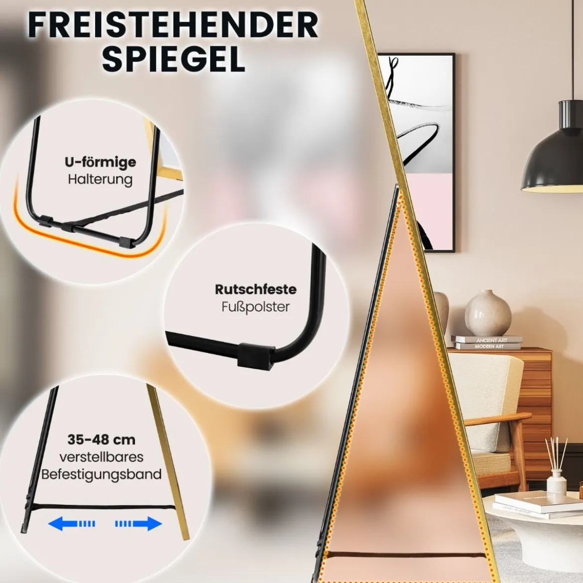 160 x 40 cm Ganzkörperspiegel 2 in 1 Standspiegel & Wandspiegel aus bruchsicherem Glas Gold