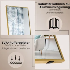 160 x 40 cm Ganzkörperspiegel 2 in 1 Standspiegel & Wandspiegel aus bruchsicherem Glas Gold